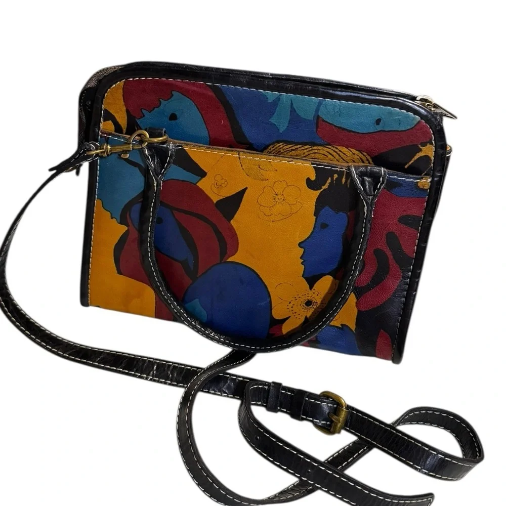 Patricia Nash leather top handle abstract faces crossbody bag